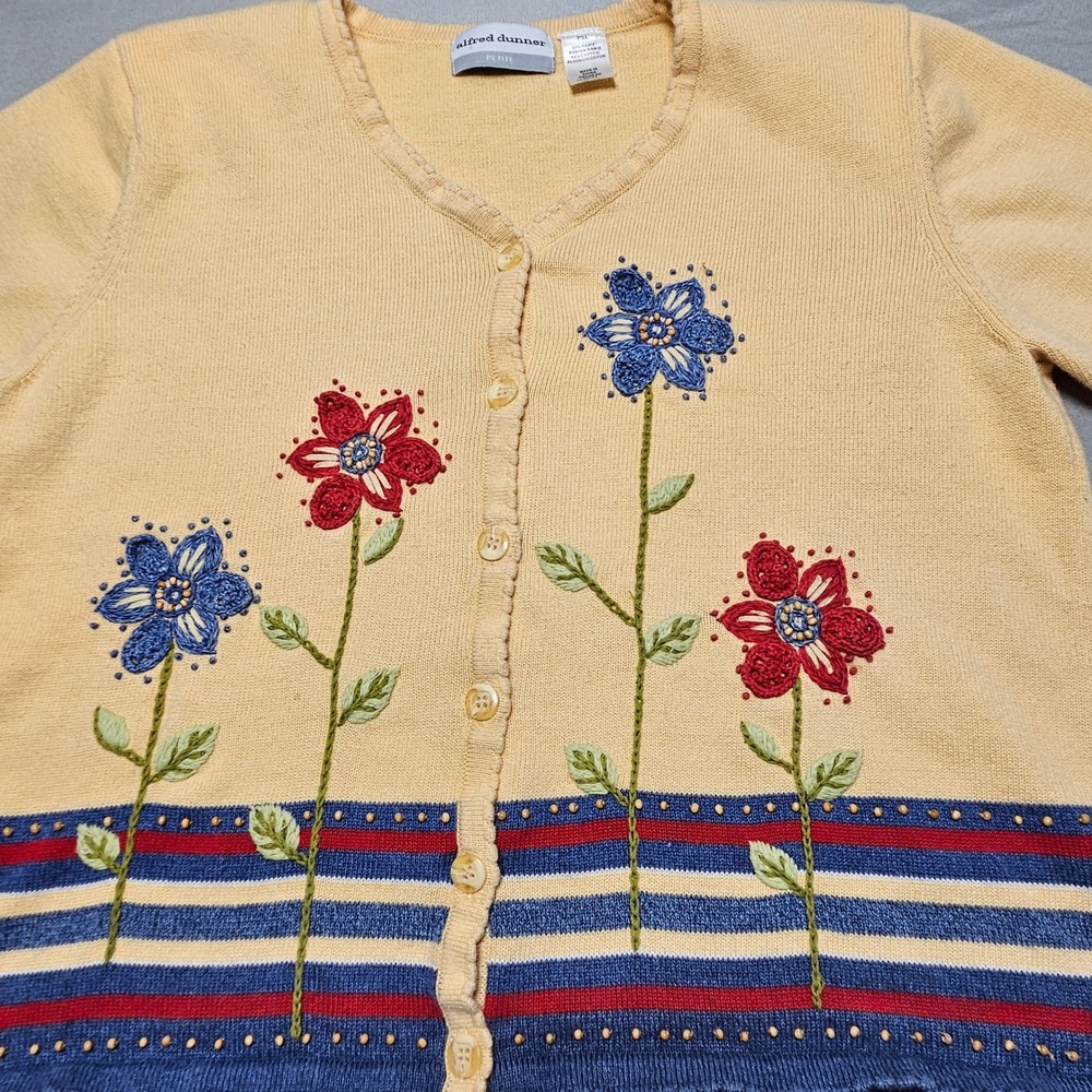 Alfred Dunner Cardigan Sweater Womens PXL Yellow Floral Embroidered Short Sleeve